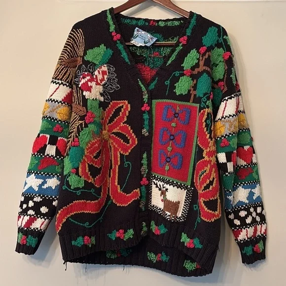 Y2K Vintage Ugly Christmas Sweater Knit Graphic Santa Handmade 2X Holiday - Picture 3 of 11